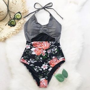 Floral and stripe - One-piece peekaboo swimsuit